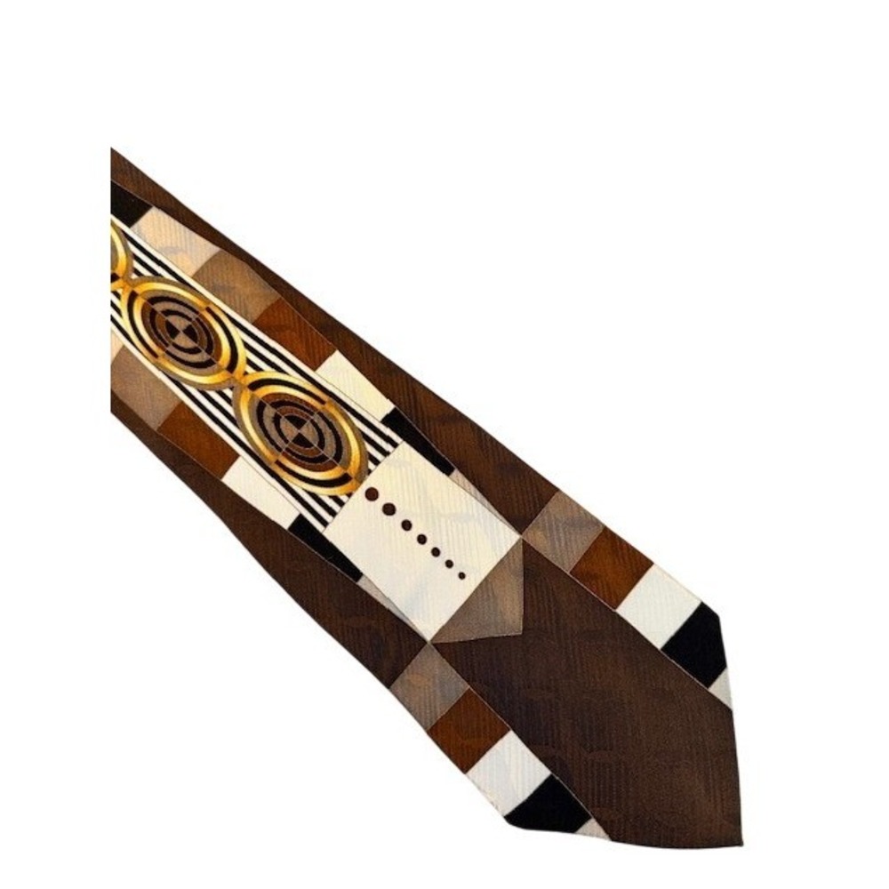 Henri Picard Mens Silk Tie Brown Gold Geometric Abstract Art Deco Hand Made